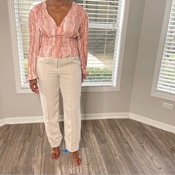 AFRM X Revolve The Olive Long Sleeve Smocked Crop Top In Soft Warm Snake Leopard - Picture 12 of 12